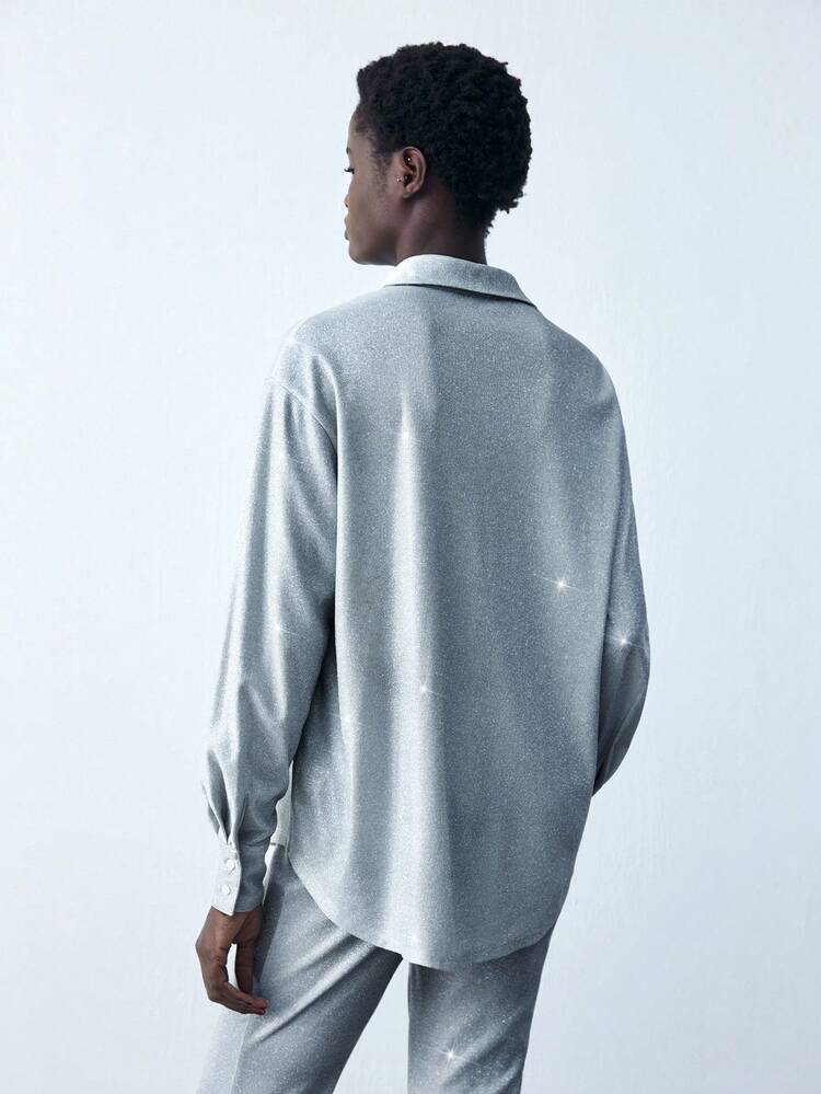 SHEIN Maija Blusa casual de manga longa com botões na frente, cor sólida rosa cerejeira de outono, para mulheres