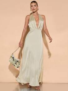 SHEIN BAE Elegante abrikooskleurige satijnen jurk met diepe V-hals en open rug voor dames, geschikt voor feesten, cocktailevenementen, formele gelegenheden, romantische dates en bruidsmeisjesjurken.