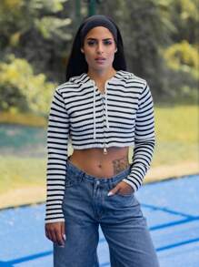 SHEIN X PERLA SHEIN Unity 女士撞色条纹连帽开衫 - 黑與白 - 查看 1