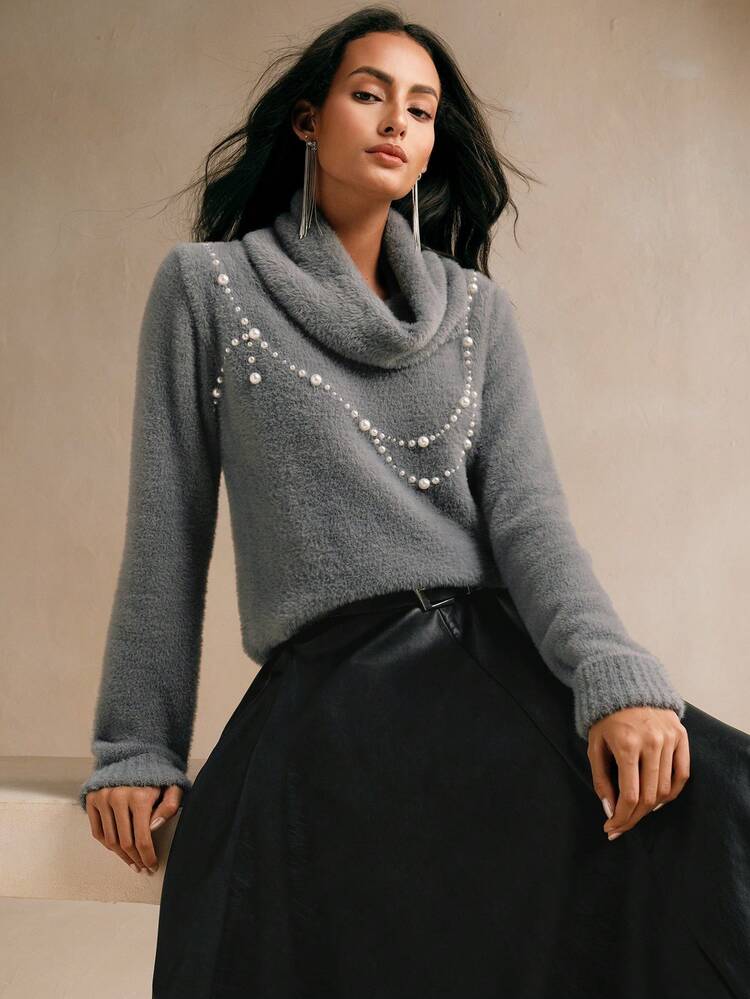 Faux Pearls Studded Cowl Neck Sweater For Autumn & Winter, Knit Pullover Fall