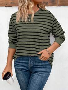 INAWLY 大码休闲圆领长袖条纹 T 恤，秋冬季，适合感恩节 - 軍綠色 - 查看 3