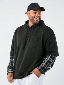 Manfinity VCAY Áo len dệt kim trùm đầu họa tiết kẻ caro đen dáng rộng cho nam cỡ lớn, dành cho mùa thu đông - màu đen - Xem 3