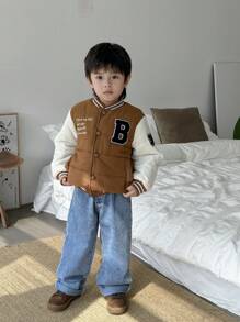 Young Boy Color Block Baseball-Collar Long Sleeve Casual Padded Coat, Front Row Seating - Multicolor - View 7