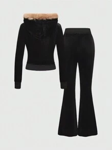 ROMWE Grunge Punk Set de 2 piezas compuesto por top con cremallera y capucha de terciopelo con parches y pantalones acampanados con cordón de mujer
