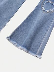 SHEIN Explorewe Young Girls Casual Simple Ombre Washed Heart Patched Distressed Effect Y2K Retro Flare Jeans, Elastic Waist Girl's Denim Trousers - Medium Wash - View 3