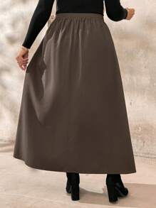 Calvaya Plus Size Solid Color Front Button Elegant Skirt, Autumn Winter Maxi Women - Rust Brown - View 2