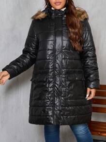 SHEIN LUNE Plus Size Winter Clothes Casual Zip-Up Hooded Padded Padded Coat With Dual Pockets And Fluffy Trim - Black - View 4