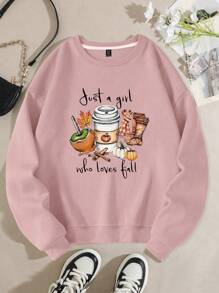 SHEIN LUNE 大码女款 Just A Girl Who Loves Fall 南瓜香料拿铁运动衫 - 藕粉色 - 查看 1