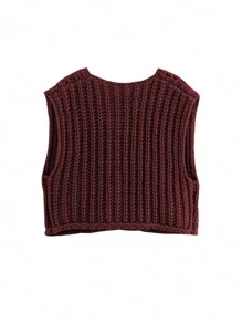 Women's Solid Color Single Breasted Casual Waistcoat Cardigan, Autumn/Winter,Sleeveless Tops - Burgundy - View 2