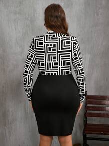 SHEIN Clasi 大码女式春秋几何印花 V 领长袖修身优雅连衣裙黑白长袖紧身连衣裙 - 黑與白 - 查看 2