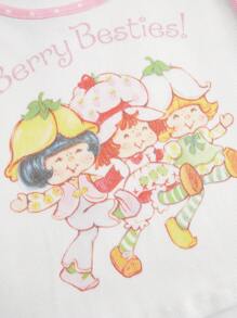 Strawberry Shortcake | ROMWE 女士休闲卡通人物与字母印花拼色波尔卡圆点短袖修身 T 恤，夏季 - 白色 - 查看 2