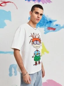 Nick 90s | SHEIN Men's Casual Cartoon Character Oversized Relaxed Fit White T-Shirt, Summer