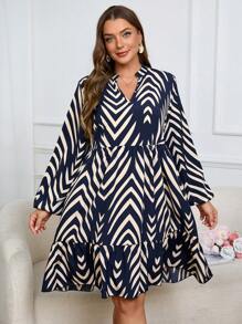 SHEIN Clasi Plus Size Casual Notched Neck Herringbone Printed Dress For Fall - Navy Blue - View 1