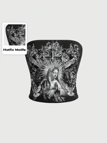 ROMWE Goth Women's Cross & Virgin Mary Rhinestone Craft Strapless Top,Ladies Casual Strapless Regular Fit Dark Grey Cotton All Over Print,Animal,Graphic,Halloween Women Tops,Spring/Summer,Party/Nightclub Outfits