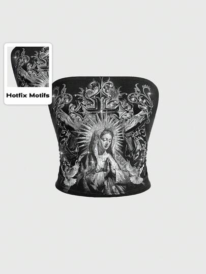 Goth Top sans bretelles en coton gris foncé avec imprimé intégral pour femmes, motifs croix et Vierge Marie ornés de strass. Coupe décontractée et ajustement régulier. Convient pour les sorties de printemps/été et les tenues de soirée/club.