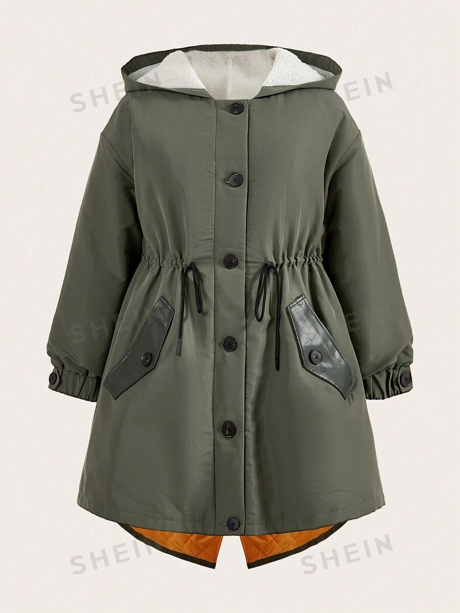 SHEIN LUNE Abrigo acolchado de talla grande con bolsillo, parche de PU y cordón en la cintura, ropa de invierno - Verde militar - Ver 1