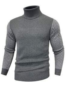 Manfinity Mode 男士几何图案高领休闲宽松针织毛衣，秋冬 - 深灰色 - 查看 3