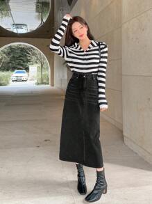 DAZY Chân váy denim dáng ôm màu trơn có túi, cài nút. - màu đen - Xem 6