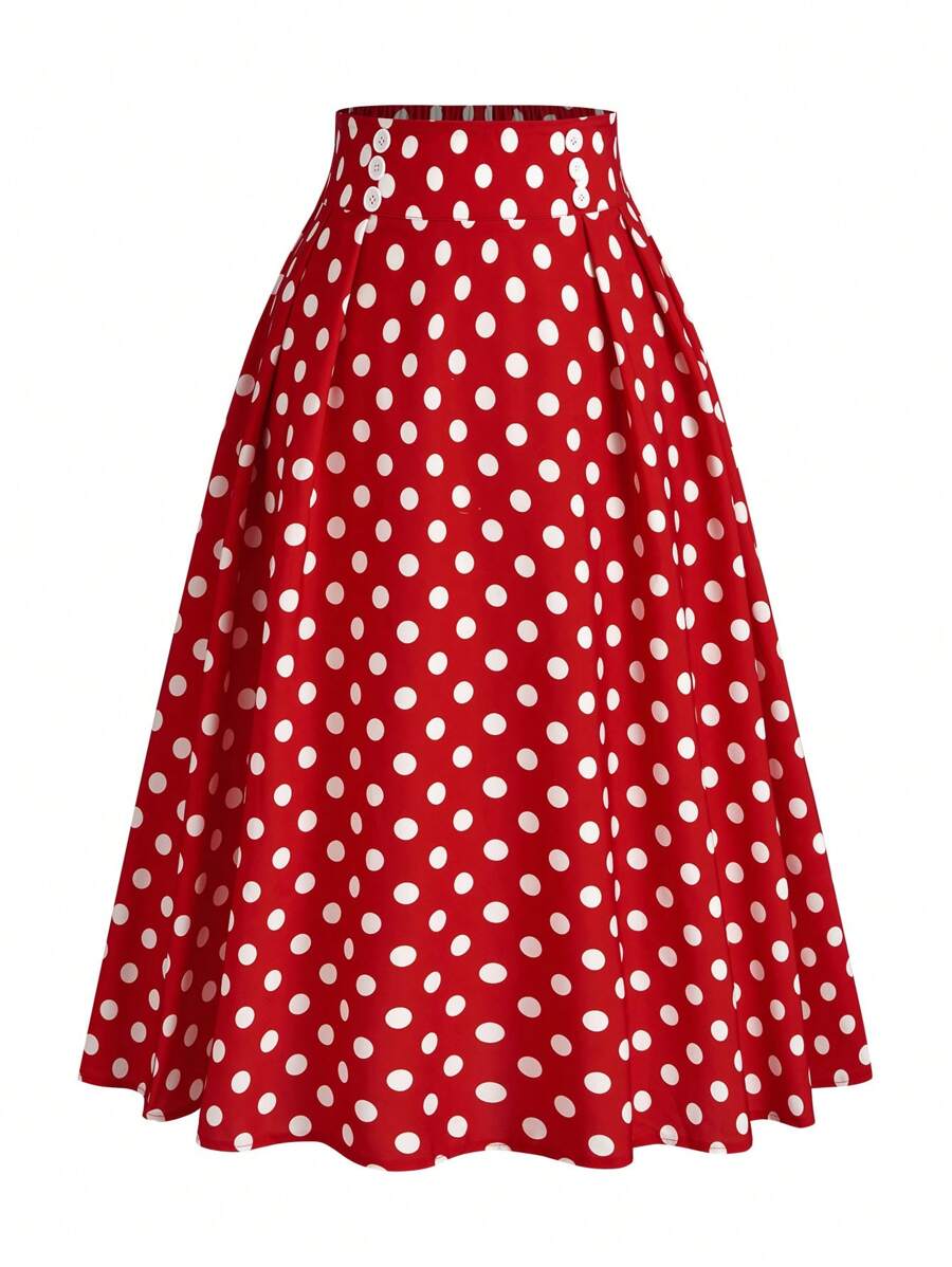 SHEIN Clasi 大码女式波点印花纽扣设计优雅长裙，适合新年穿着 - 紅色 - 查看 1