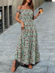 EMERY ROSE 女士夏季度假印花洋裝，露肩短袖長款休閑裙帶印花圖案 - 彩色 - 查看 4