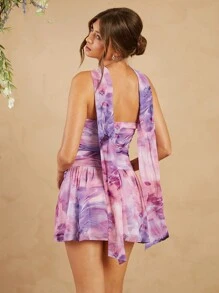 L'Amorae Abstract Floral Chiffon Mini Dress With Neck Scarf - Purple - View 2