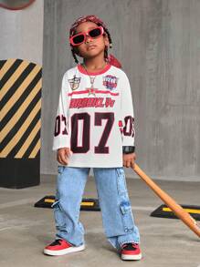 SHEIN Explorewe Pantalones cargo de mezclilla desgastada para niño, pierna recta con ajuste ancho, informal - Azul lavado medio - Ver 4