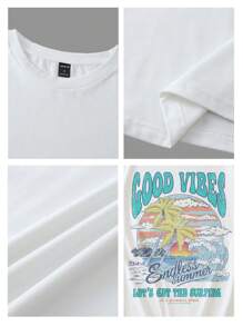 SHEIN EZwear Áo thun cổ tròn tay ngắn dáng rộng thoải mái họa tiết hoàng hôn mùa hè dành cho nữ, phù hợp cho mùa hè - trắng - Xem 6