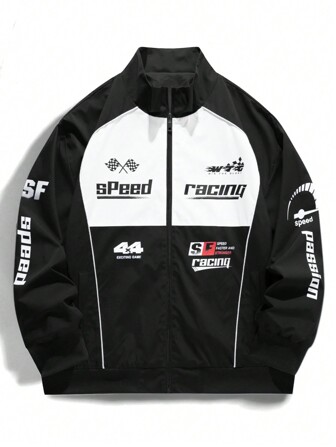 Manfinity Roghcode Men's Casual Colorblock Letter Printed Rave Outdoor Windbreaker Jacket, Autumn, For Fall