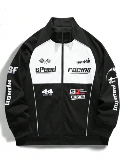 Manfinity Roghcode Chaqueta cortavientos casual para hombre con bloqueo de color e impresión de letras, para otoño