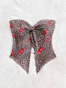 Soleia 性感休闲豹纹樱桃结开衩抹胸上衣 - 彩色 - 查看 4