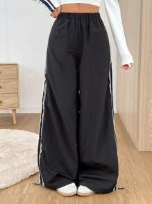 Muchica 女士纯色拼接简约休闲长裤 - 黑色 - 查看 5