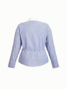 SHEIN MOD 大码条纹复古系带衬衫 - 藍白色 - 查看 2