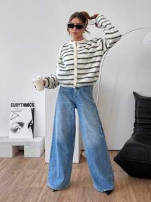 EURMUSE Áo len cardigan nữ họa tiết sọc có nút cài phía trước - Nhiều màu - Xem 3