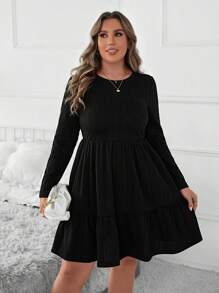 SHEIN Clasi 大码女式黑色针织纹理秋千连衣裙，适合秋季