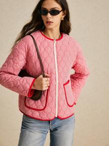 Poéselle Loose Fit Pocket Winter Coat, Striped Printed Contrast Binding, Versatile And Casual