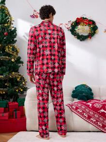 Men's Plaid Print Button-Up Long Sleeve Top And Pants Sleepwear Set - Black - View 2