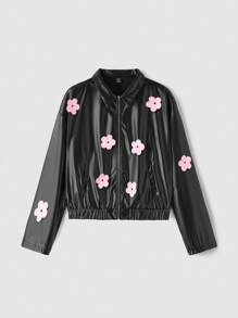 SHEIN MOD Chaqueta retro estampada de flores linda y dulce en tallas grandes, abrigos negros - Negro - Ver 1