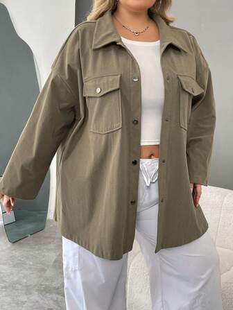 SHEIN CURVE+ Plus Size Solid Color Button-Up Casual Coat, Autumn Winter