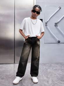 SHEIN Tween Boys' Casual Vintage Washed Loose Straight Leg Blue Jeans For Spring And Summer - Black - View 3