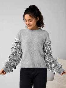 1 Áo len dệt kim đính sequin thời trang cho bé gái tuổi teen, thích hợp cho các bữa tiệc vào mùa thu/đông. Chất liệu vải màu xám bạc thời trang và đa năng, có thể kết hợp với váy để có vẻ ngoài hợp thời trang, hoàn hảo cho lễ Halloween, Giáng sinh và các bữa tiệc khác. - Bạc - Xem 5