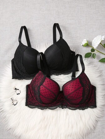 DesireSculpt 2pcs/Set Plus Size Women Contrast Lace Minimalist Underwire Bra Lingerie, Lift