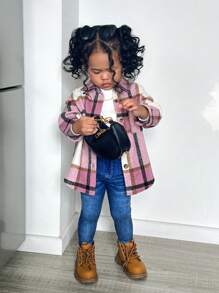 SHEIN Leap Crew 3pcs Baby Girl Adorable Plaid Shirt, Knit Sweater And Pants Set, Autumn/Winter - Pink - View 4