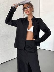 Aveloria Modichic French Elegant Versatile Textured Fabric Simple Shirt And Long Skirt 2-Piece Set, Autumn Fall Cloth For Women - Black - View 4