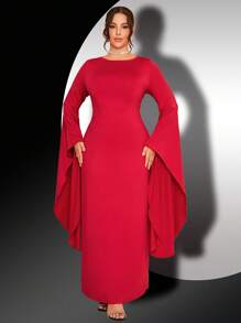 SHEIN Clasi Plus Size Elegant Extra Long Bell Sleeve Cinched Waist Solid Color Dress - Red - View 1