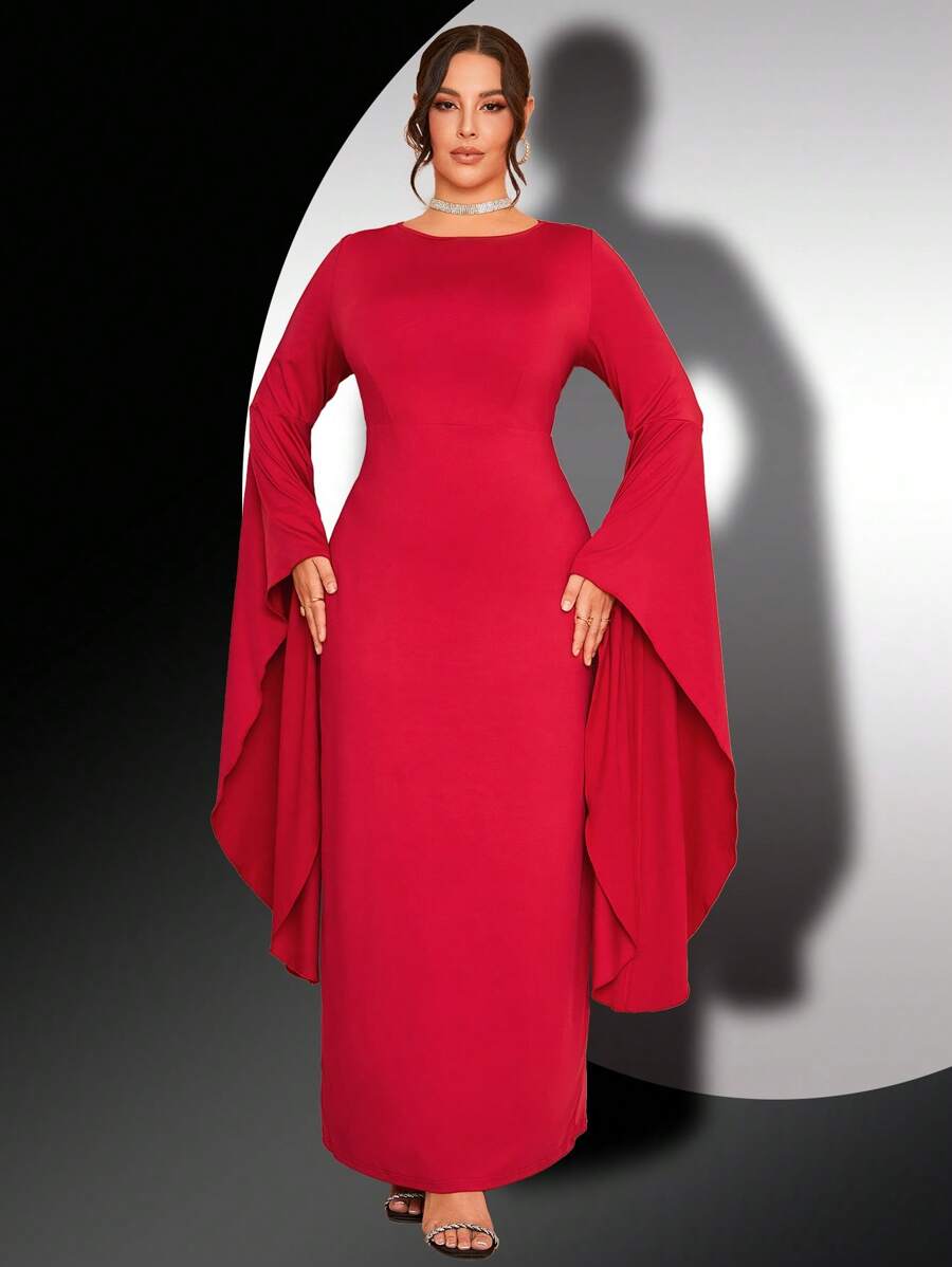 SHEIN Clasi Plus Size Elegant Extra Long Bell Sleeve Cinched Waist Solid Color Dress - Red - View 1