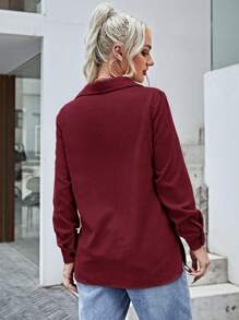 SHEIN LUNE 女式纯色长袖实用口袋休闲衬衫，春季/秋季 - 酒紅色 - 查看 2