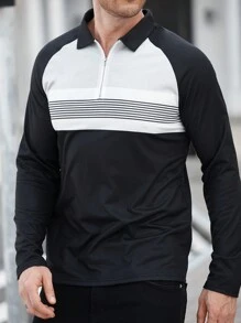 Manfinity Homme 男式拉链长袖拼色条纹设计商务休闲 Polo 衫 - 彩色 - 查看 3