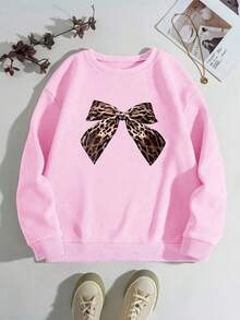 SHEIN EZwear 女式豹纹蝴蝶结印花休闲圆领落肩长袖运动衫，秋冬 - 粉色 - 查看 3