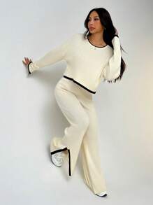 SHEIN EZwear 2pcs Women Casual Contrast Trim Sweater And Pants Set, Spring And Fall - Beige - View 6