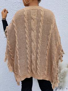 SHEIN LUNE Plus Size Women's Solid Color Fringe Trim Collar & Cuff Pullover Sweater, Autumn/Winter - Khaki - View 2